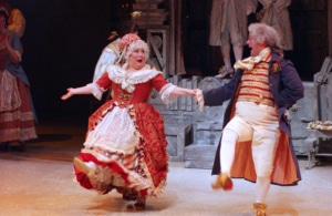 Mrs. and Mr. Fezziwig dance together in A Christmas Carol