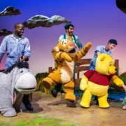 The cast and puppets of Winnie the Pooh pose onstage