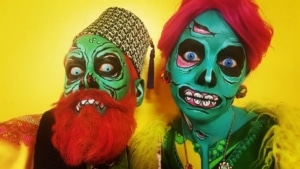 Kevin Copenhaver and Meghan Anderson Doyle wearing cartoon zombie makeup