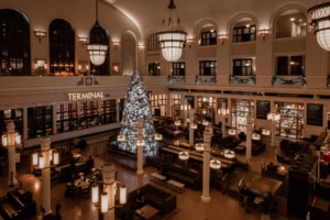 The Union Station lobby decorated for the holidays