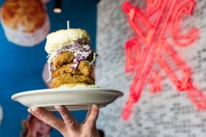 A towering biscuit sandwich and Denver Biscuit Company