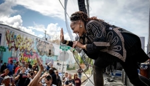 A woman performs during the Five Points Jazz Festival