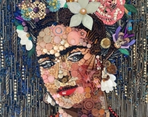 A portrait of Frida Kahlo made out of recycled items