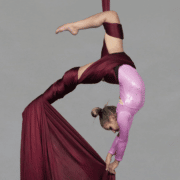 A young girl in a pink leotard poses while wrapped in aerial silks