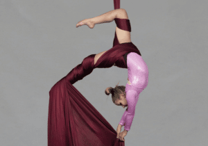 A young girl in a pink leotard poses while wrapped in aerial silks