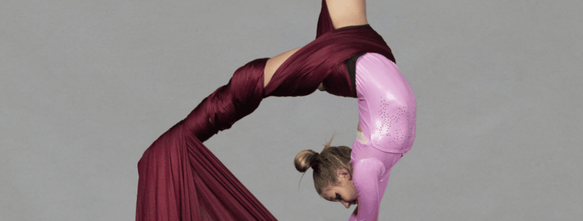 A young girl in a pink leotard poses while wrapped in aerial silks