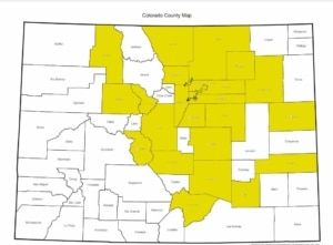 A county map of Colorado with several counties highlighted in yellow