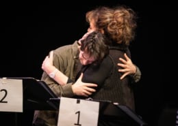 Jake Horowitz and Carline Aaron embrace during rehearsal for the reservoir