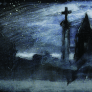 A painting of a church outlined against a starry blue sky. The church is dark with a cross featured prominently on a tower. White brushstrokes cover the bottom of the scene like fog.