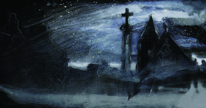 A painting of a church outlined against a starry blue sky. The church is dark with a cross featured prominently on a tower. White brushstrokes cover the bottom of the scene like fog.