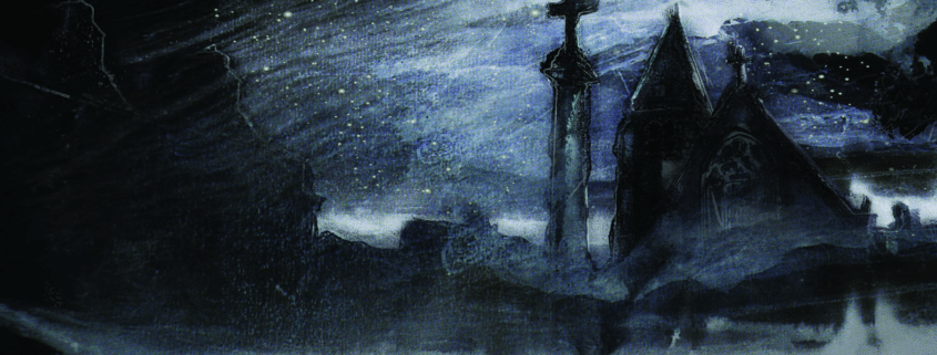 A painting of a church outlined against a starry blue sky. The church is dark with a cross featured prominently on a tower. White brushstrokes cover the bottom of the scene like fog.