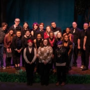 The casts and creative teams for the High School Playwriting staged readings pose for a photo together