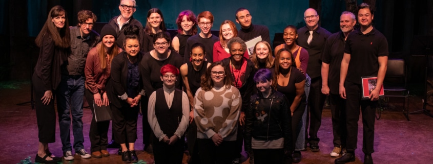 The casts and creative teams for the High School Playwriting staged readings pose for a photo together