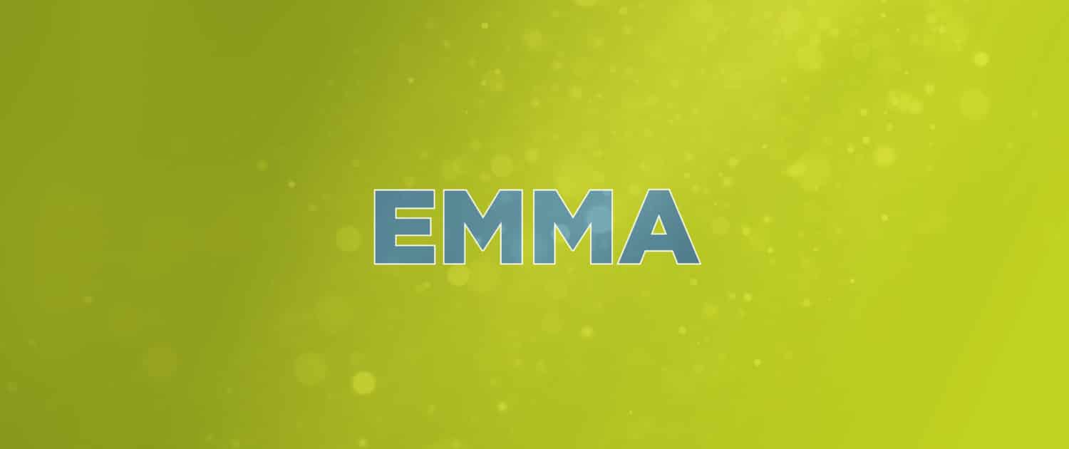 The word Emma in blue on a geenish/yellow background