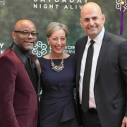 Mayor Michael B. Hancock, DCPA President and CEO Janice Sinden, and DCPA Board Chair Hassan Salem pose for a photo at Saturday Night Alive