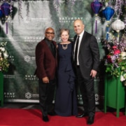 Denver Mayor Michael Hancock, DCPA President and CEO Janice Sinden, and DCPA Board Chair Hassan Salem pose for a photo at Saturday Night Alive