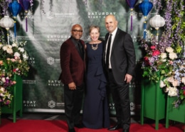 Denver Mayor Michael Hancock, DCPA President and CEO Janice Sinden, and DCPA Board Chair Hassan Salem pose for a photo at Saturday Night Alive