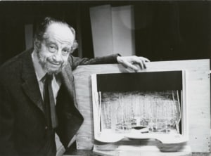 Set designer Boris Aronson poses with the set model for 1973's A Little Night Music