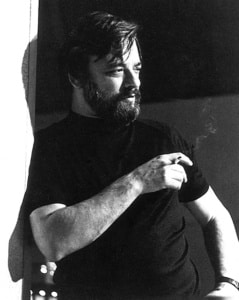 A black and white photo of Sondheim smoking a cigarette