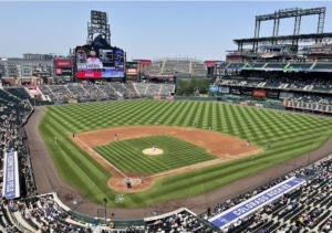 An overhead view of Coors Field on a sunny day