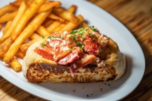 A fresh lobster roll topped with chopped herbs. Served on a plate with fries.