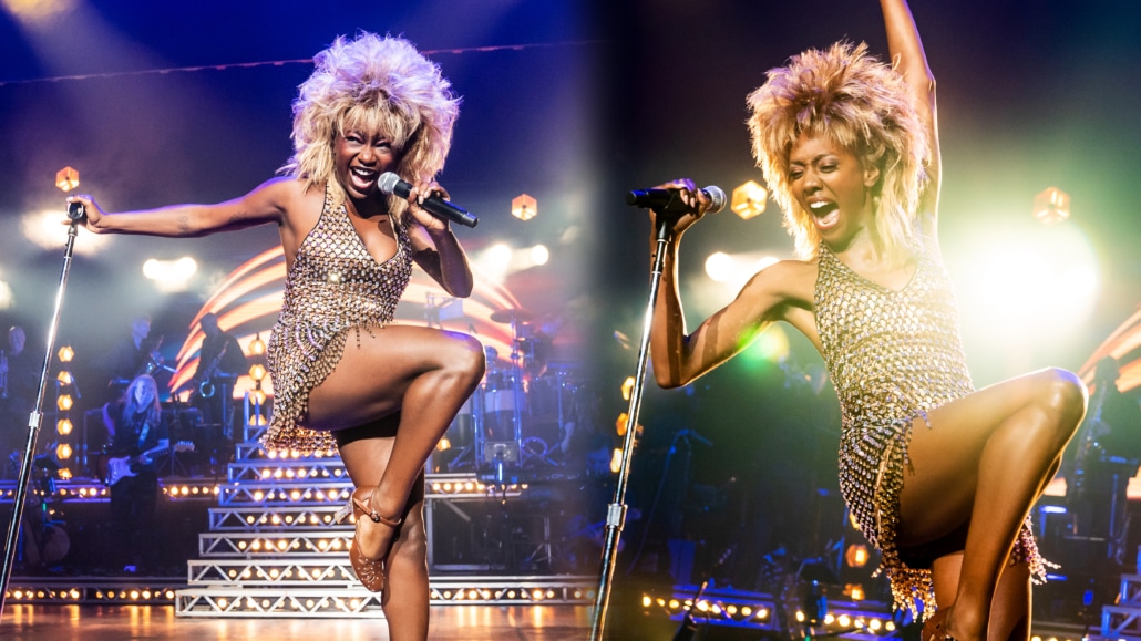 Two photos of the actresses portraying Tina Turner. They are both wearing sparkling dresses, singing into a microphone.