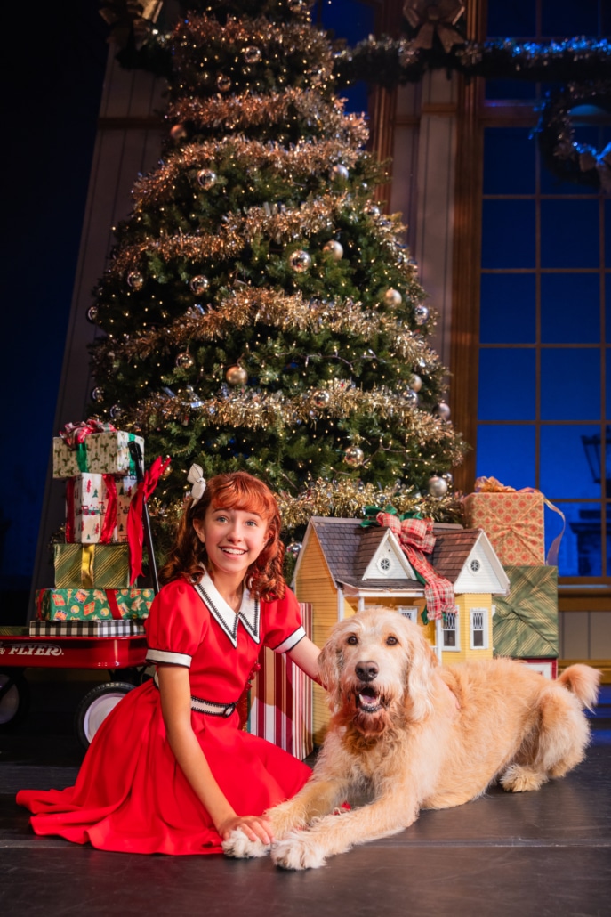 A young girl in a red dress sits with her dog in front of a Christmas tree.