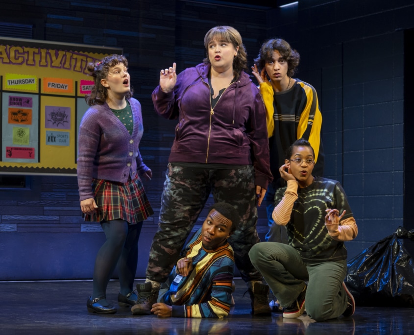 (l to r) Nina White, Bonnie Milligan, Fernell Hogan, Michael Iskander, and Olivia Hardy in KIMBERLY AKIMBO, photo by Joan Marcus