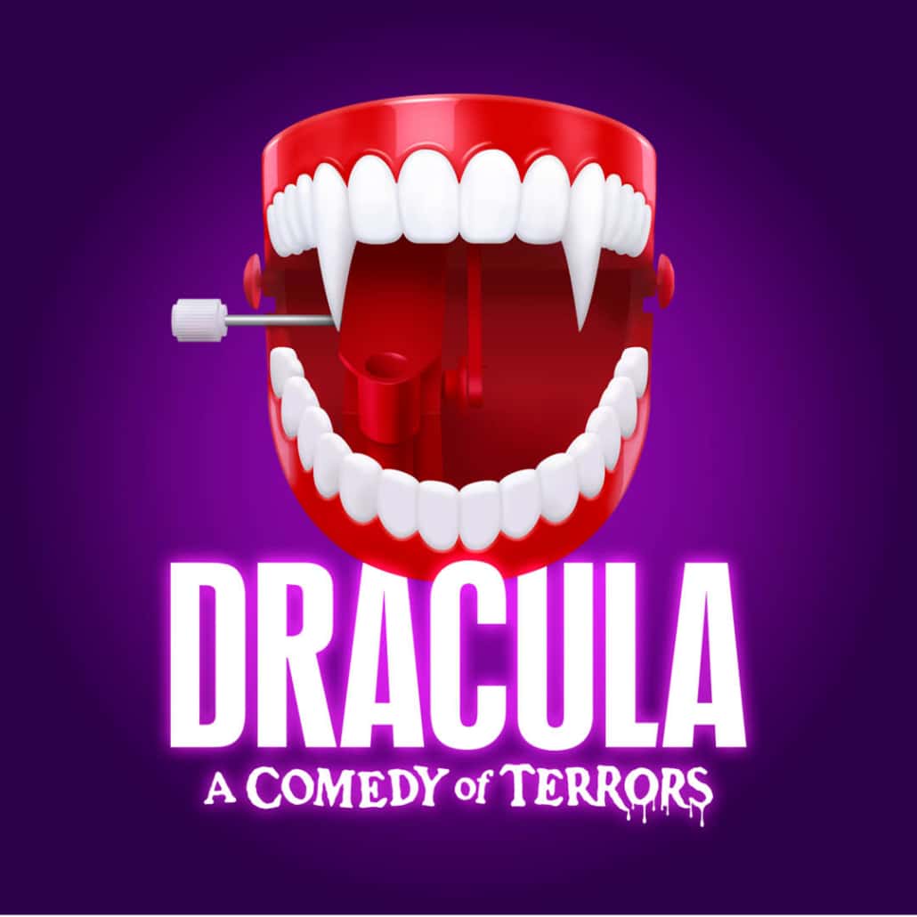 Show logo for 'Dracula: A Comedy of Terrors' featuring a cartoonish set of vampire teeth with a wind-up key on the side, set against a purple background.
