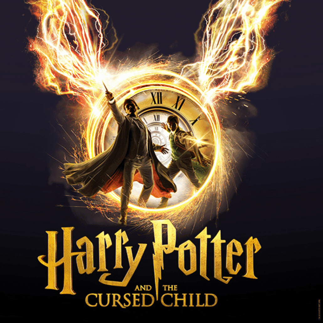 Show logo for the play 'Harry Potter and the Cursed Child,' featuring the text 'CURSED CHILD' at the bottom, with a dark background and fiery elements on the left side.