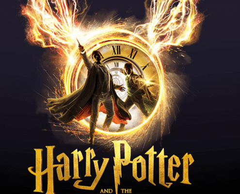 Show logo for the play 'Harry Potter and the Cursed Child,' featuring the text 'CURSED CHILD' at the bottom, with a dark background and fiery elements on the left side.