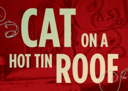 Show logo for Cat on a Hot Tin Roog in tan type on top of an ornate maroon background.
