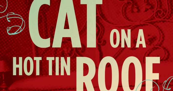 Show logo for Cat on a Hot Tin Roog in tan type on top of an ornate maroon background.