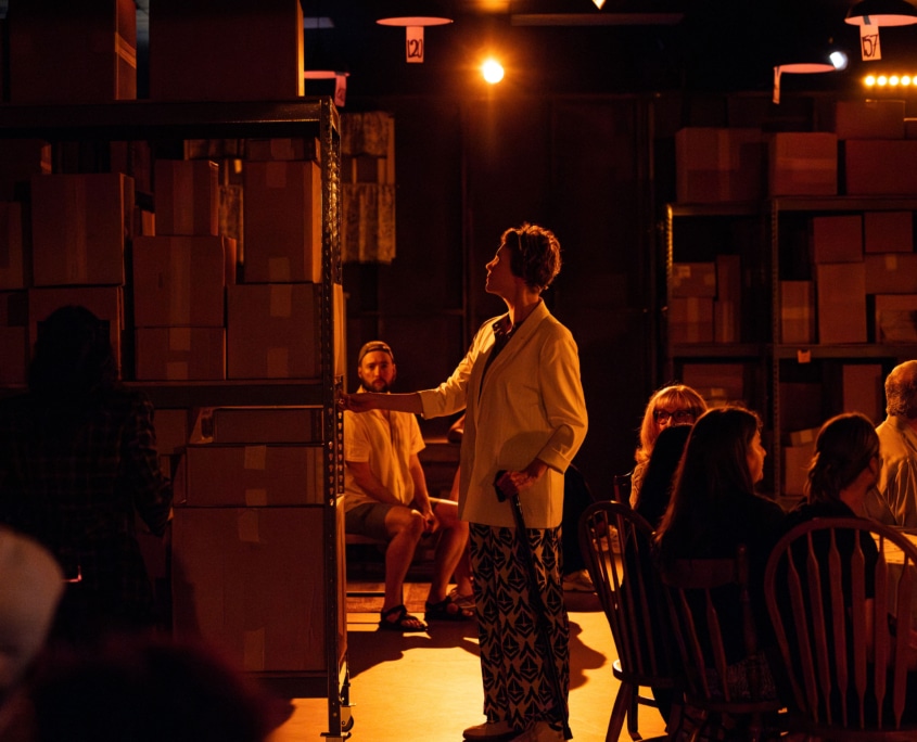 A dimly lit room with shelves full of cardboard boxes. One person stands near the shelves, observing the items on the shelf. The room is bathed in a warm, orange glow, creating a cozy atmosphere.