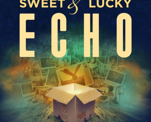 A dark blue background with an open cardboard box in the foreground, which is emitting light. The box is surrounded by photographs depicting sepia-toned images. The text "Sweet & Lucky Echo" appears in yellow.