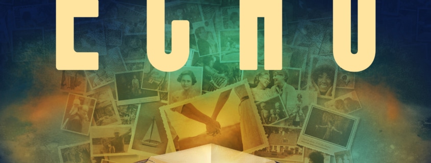 A dark blue background with an open cardboard box in the foreground, which is emitting light. The box is surrounded by photographs depicting sepia-toned images. The text "Sweet & Lucky Echo" appears in yellow.