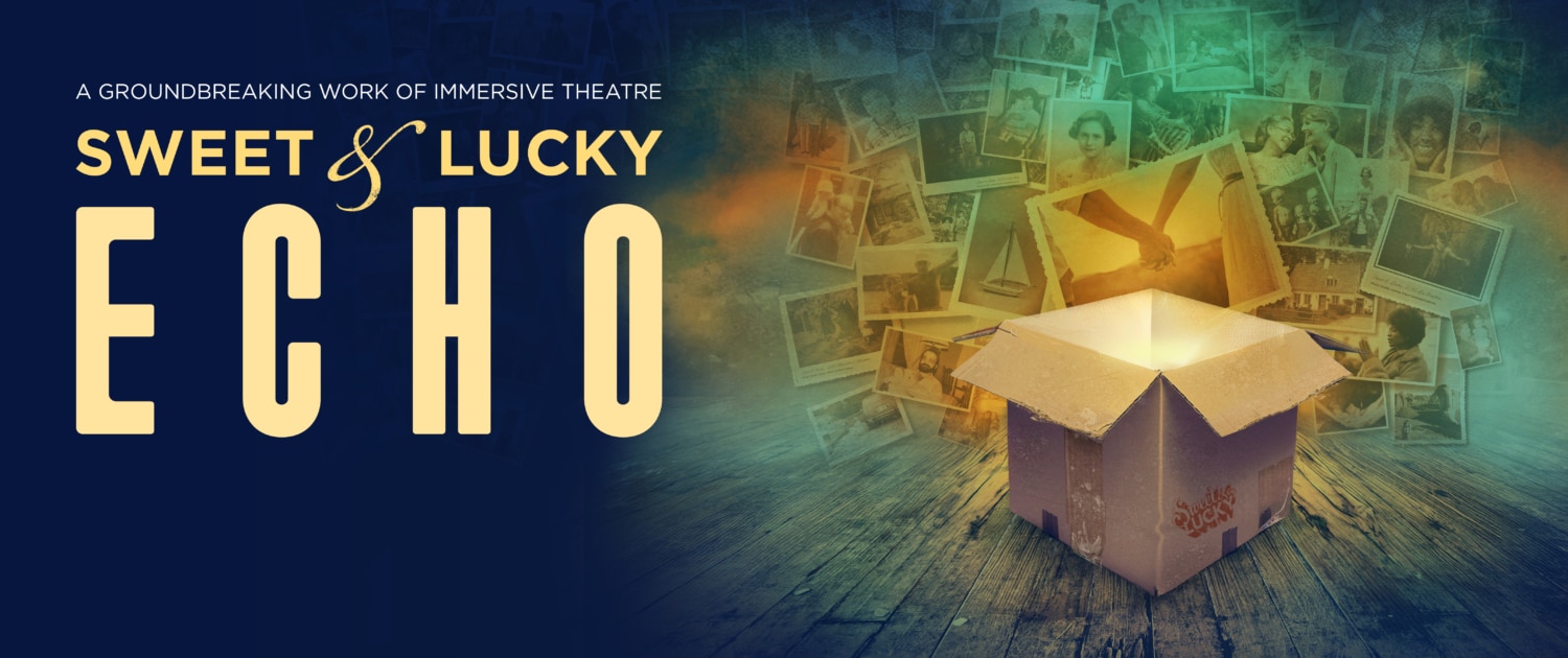 A dark blue background with an open cardboard box in the foreground, which is emitting light. The box is surrounded by photographs depicting sepia-toned images. The text "Sweet & Lucky Echo" appears in yellow.