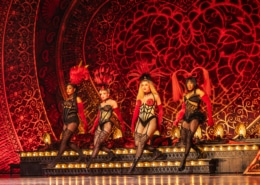 Alt tag: Four performers in elaborate costumes with feathered headdresses and fishnet stockings dance on a stage with an ornate, red and gold backdrop.