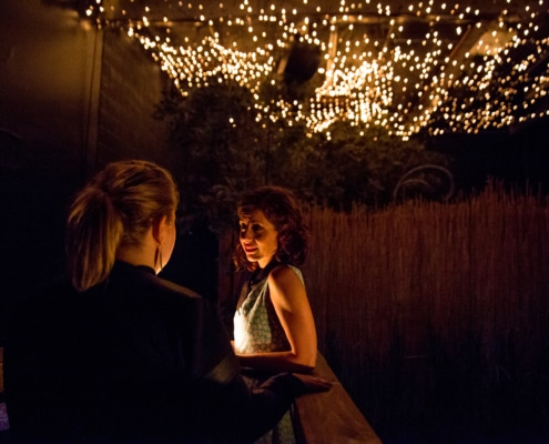 Two people standing beneath a canopy of glowing string lights. One person faces the camera, while the other stands with their back to the camera. The background includes foliage and a wooden fence, contributing to a warm, intimate atmosphere.
