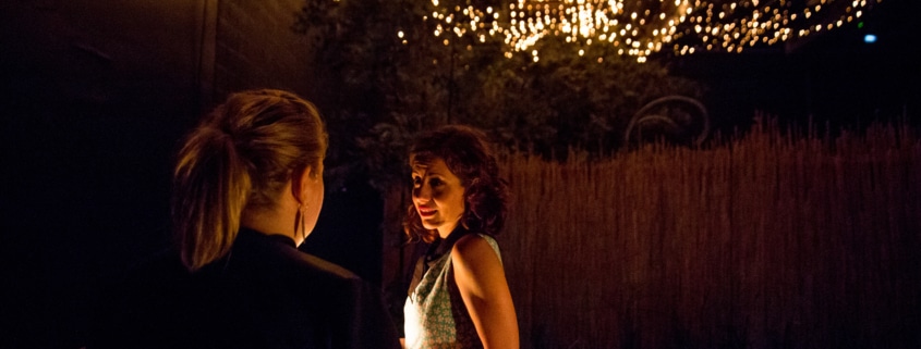 Two people standing beneath a canopy of glowing string lights. One person faces the camera, while the other stands with their back to the camera. The background includes foliage and a wooden fence, contributing to a warm, intimate atmosphere.