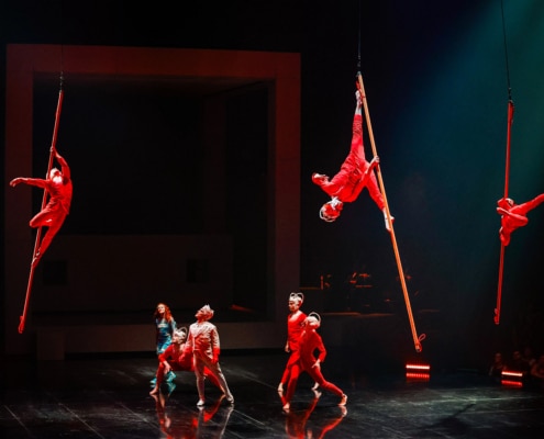 Acrobats performing on stage with some suspended in the air using ropes and poles, while others are on the ground in various poses. The performers are dressed in red costumes