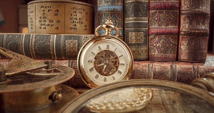 Vintage pocket watch with Roman numerals surrounded by antique books, an old calendar, and historical instruments—timeless heritage and history concept.