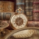 Vintage pocket watch with Roman numerals surrounded by antique books, an old calendar, and historical instruments—timeless heritage and history concept.