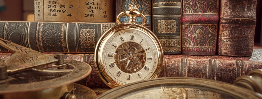 Vintage pocket watch with Roman numerals surrounded by antique books, an old calendar, and historical instruments—timeless heritage and history concept.