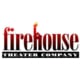 The word "firehouse" that is colorized in orange at the top, moving down to red, then black.. The "h" in "house" looke like a chimney and rooftop. This is above a black bar containing the letters "Theater Company"