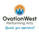 A circle with blue triangles mimicking mountains in front of an orange sky above the words "Ovation West Performing Arts Elevate your experience!"