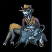 Surreal blue-skinned creature with cowboy hat and vest sitting on a log, holding a bottle, set against a black background with dark blue border; fantasy-western themed artwork.