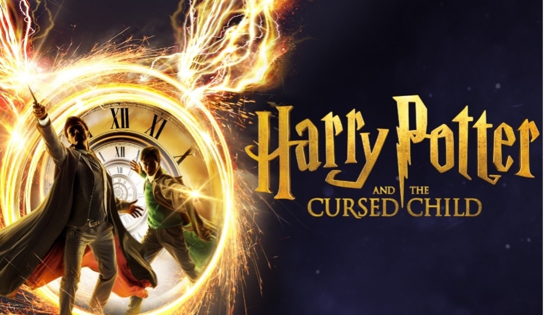 Show logo for the play 'Harry Potter and the Cursed Child,' featuring the text 'CURSED CHILD' at the bottom, with a dark background and fiery elements on the left side.