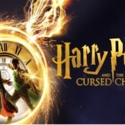 Show logo for the play 'Harry Potter and the Cursed Child,' featuring the text 'CURSED CHILD' at the bottom, with a dark background and fiery elements on the left side.