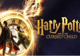 Show logo for the play 'Harry Potter and the Cursed Child,' featuring the text 'CURSED CHILD' at the bottom, with a dark background and fiery elements on the left side.